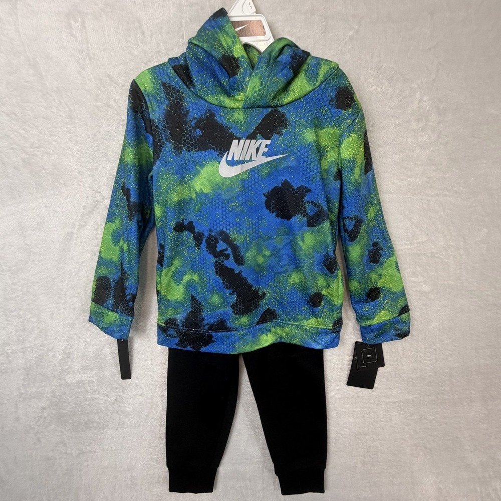 Nike Hoodie Jogger Sweatpants 2 Pc Boys 4T Black Blue Green Fleece Pockets NWT